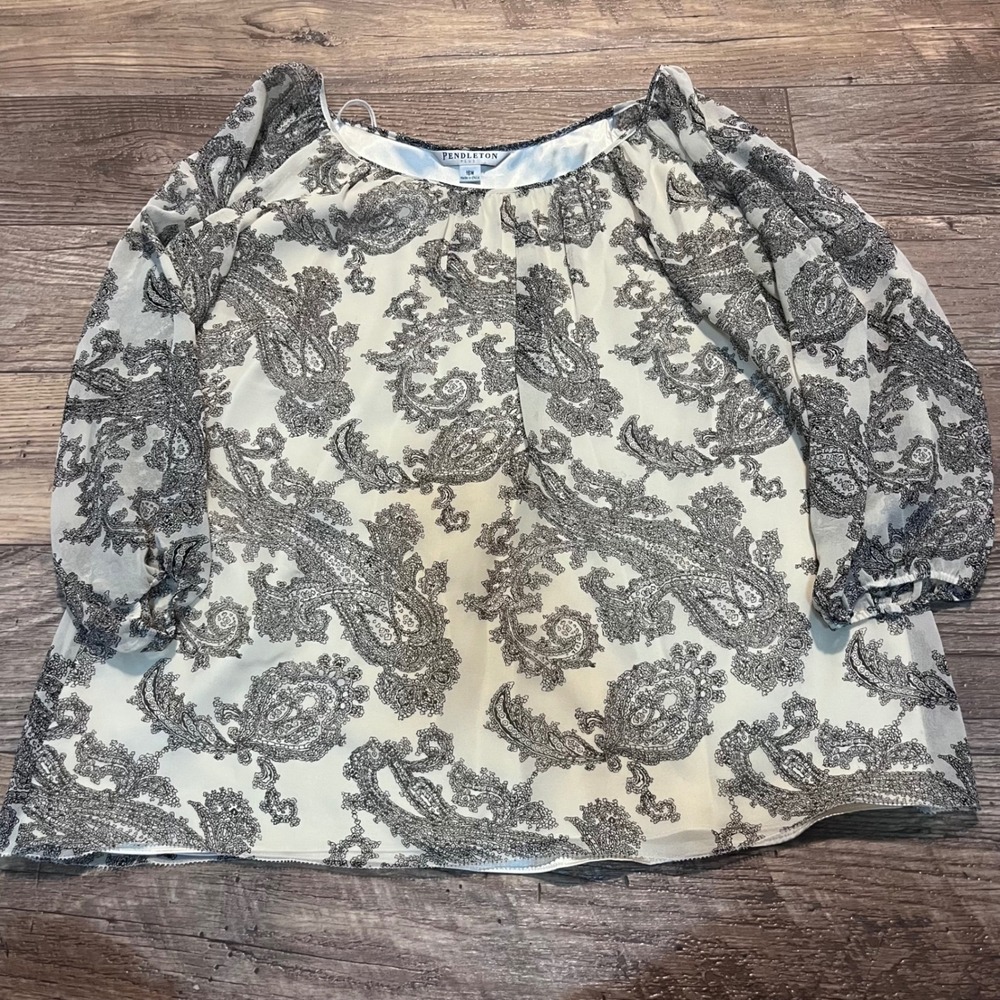 Pendleton Plus Women 16W Silk Paisley Blouse Black Ivory 3/4 Sleeve‎ Lined Top